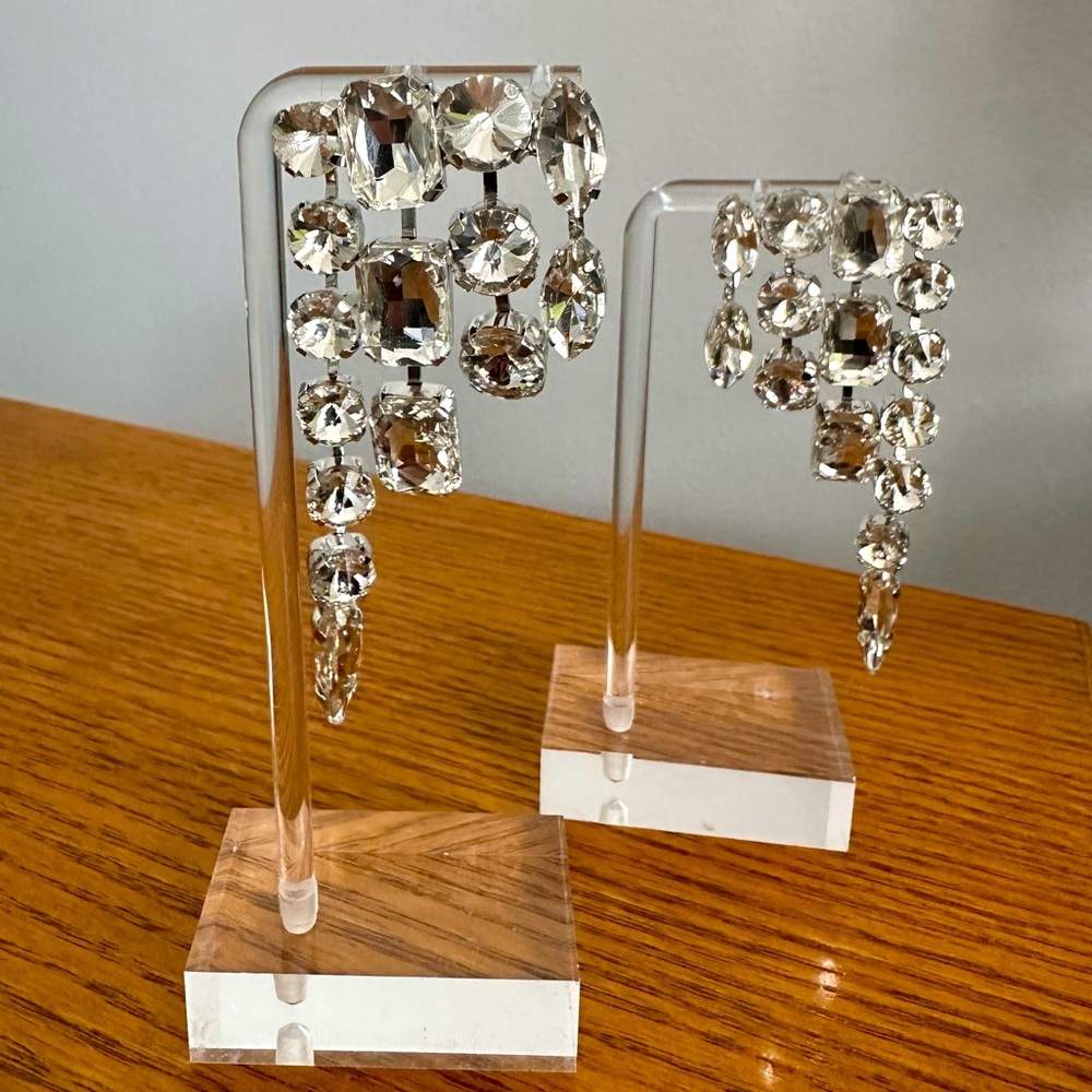 Round Rectangle Stone Cluster Down Evening Earrin… - image 1